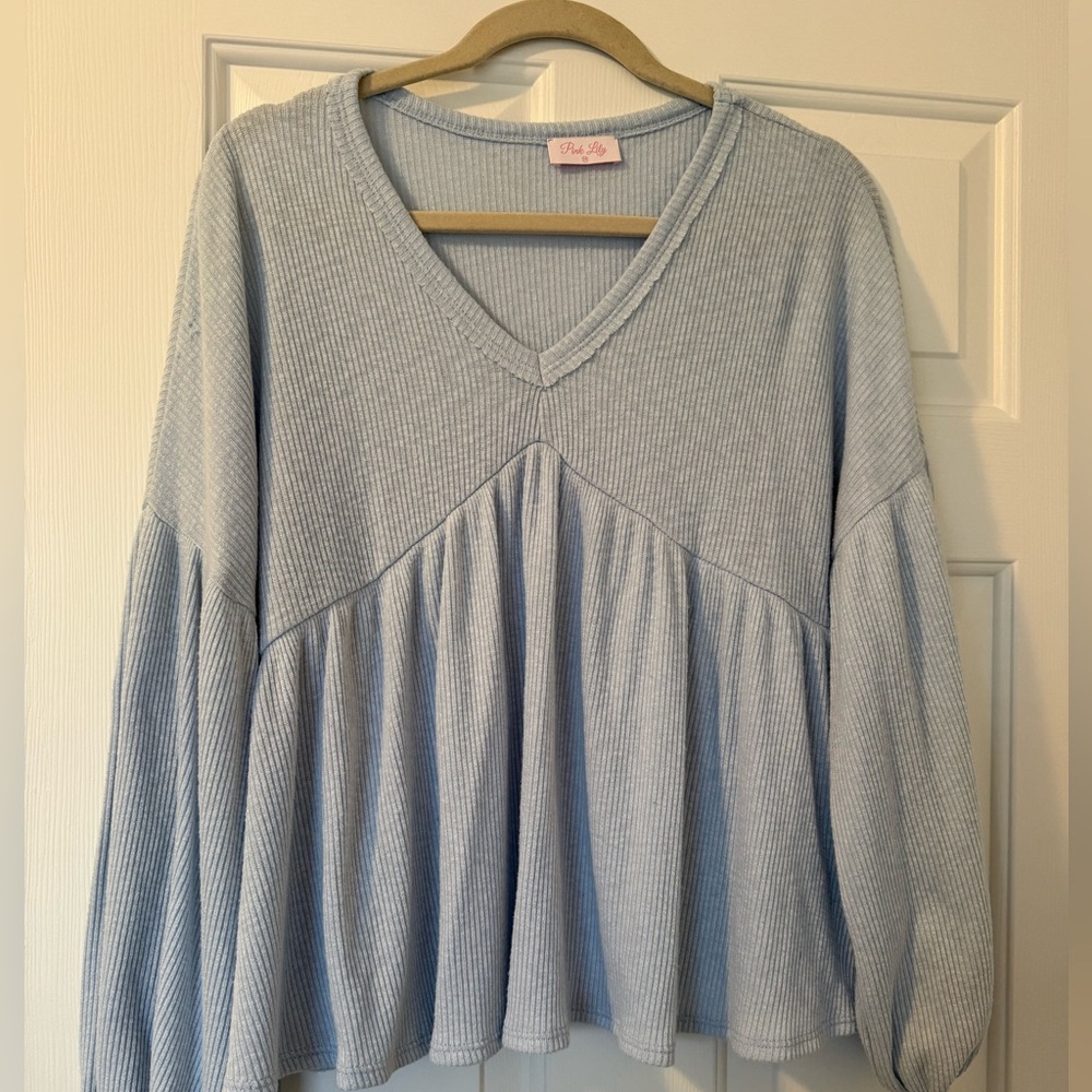 Pink Lily Light Blue Ribbed V-Neck Blouse